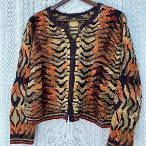 Vintage Peruvian Connection Animal Print Cardigan Pima Cotton Sweater Medium